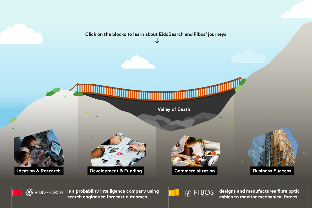 Graphic representation of two entrepreneurs’ journey to business success as shown over a rocky mountain landscape. The changing landscape reflects the realities of the different stages for each business, from ideation and research through to it’s launch in the market place. The two businesses shown are Fibos and EidoSearch, represented by a yellow and red flag, respectively.