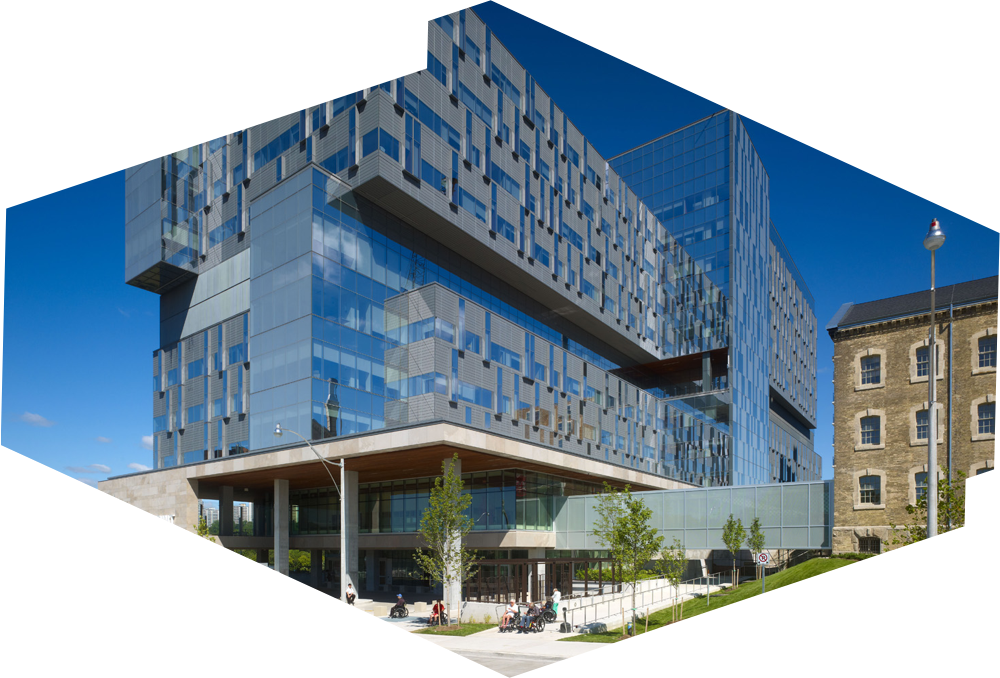 Illustration of a hospital featuring innovative architecture, incorporating windows and the landscape, alongside photograph of the Bridgepoint health facility in Toronto. Well-designed hospitals help patients heal faster. More daylight, rooftop terraces, and common space help improve patients’ wellness.