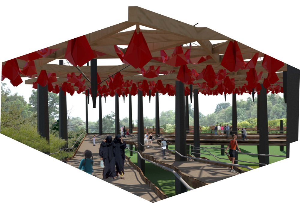 Illustration of shade stations, alongside architects render of the project. Shade structures help prevent skin cancer and offer an interdisciplinary approach to foster sun-safe behaviour including activists, planners, and agencies.